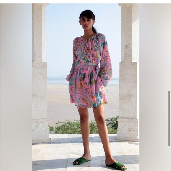NWT Banjanan Bazaar Tropical Bird Print Wrap Mini Dress - Picture 1 of 15